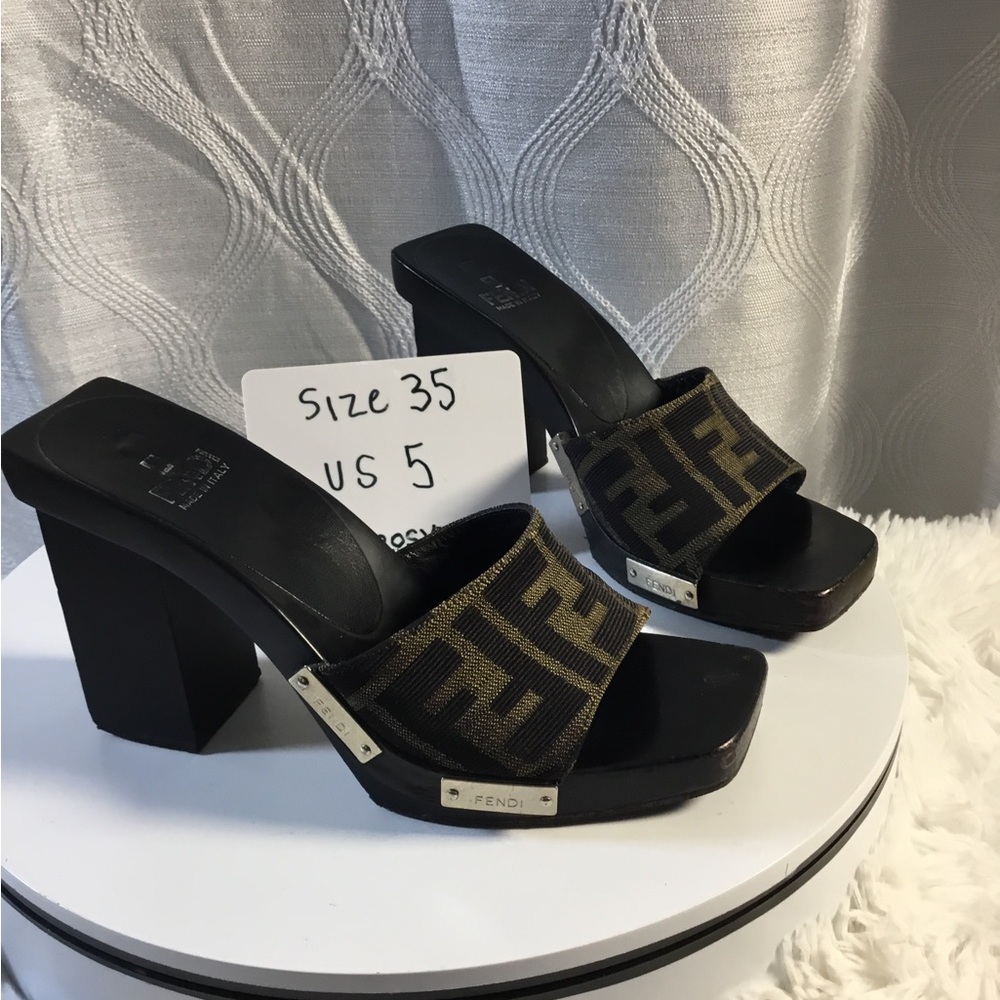 Fendi Black Leather Slide Sandals with Brown FF Jacquard Strap - Picture 3 of 7